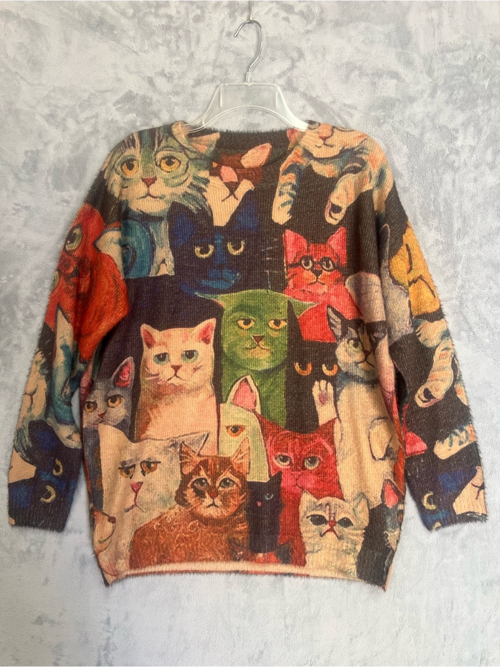 YESNO Oversized Cat Graphic Pullover Sweater Wool Cotton Blend Multicolor L